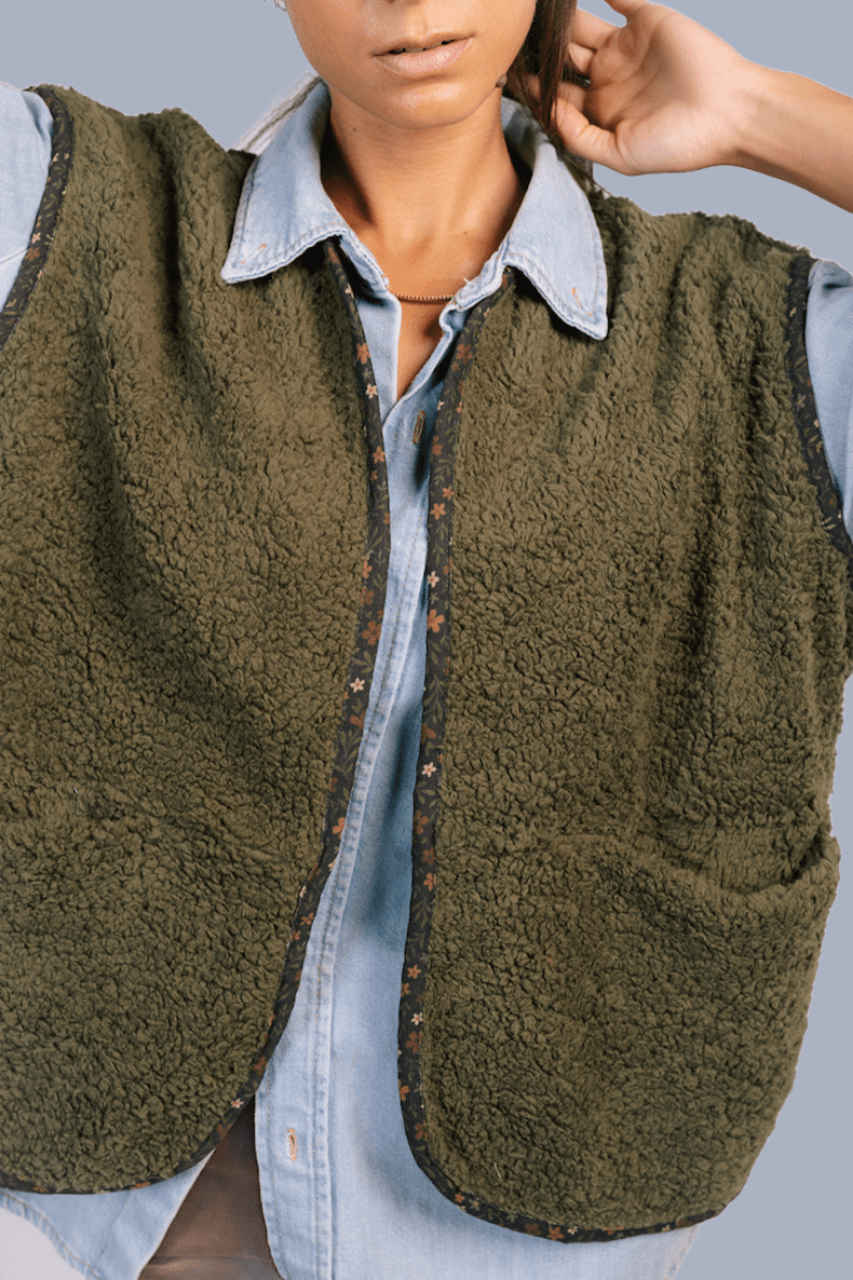 Teddy & Trim Vest in Olive